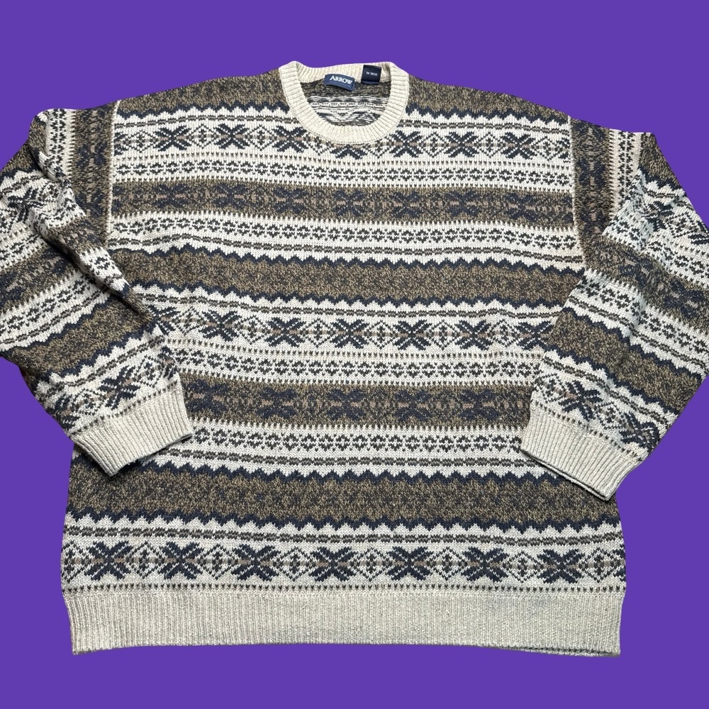 Vintage Arrow Sweater Large Mens Beige Cream Fair Isle Ramie Blend Knit
